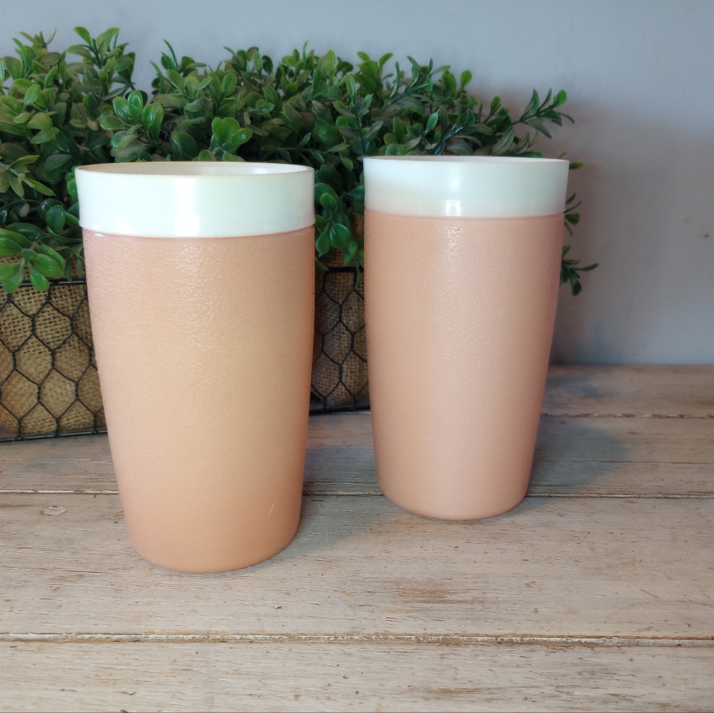 Vintage  Bolero Therm O Ware Pastel Pink Insulated Tumblers 2 Set Coral Cups MCM